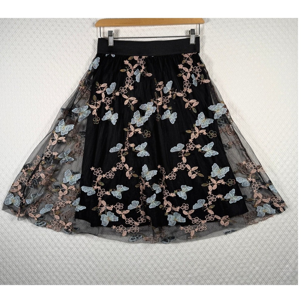 Fairy Ethereal Butterfly Embroidered tulle Mesh Midi Skirt M Floral A-Line Luna